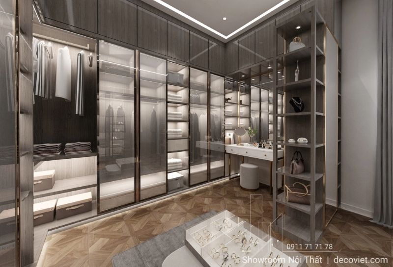 Thiết kế tủ quần áo sang trọng với bề mặt kính phối hợp cùng đèn led tô đậm vẻ đẹp hiện đại, tinh tế