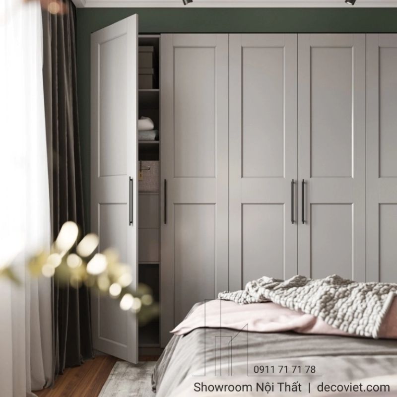 Tủ áo với gam màu trắng tinh khôi kết hợp tay cầm thanh lịch , sang trọng