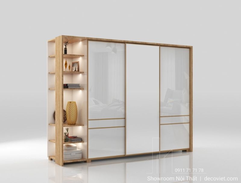 Tủ thiết kế cửa trượt với gam màu trắng kết hợp với gỗ tôn lên vẻ đẹp tinh tế