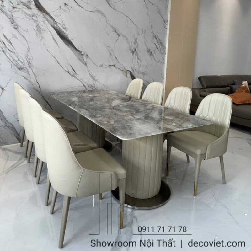 bộ bàn mặt đá nhập khẩu 2 trụ 8 ghế hiện đại