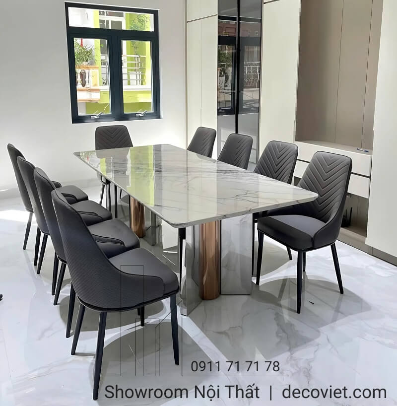 bàn ăn hình chữ nhật mặt đá 10 ghế