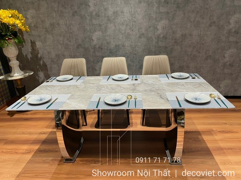 bàn ăn 6 ghế mặt đá chân inox