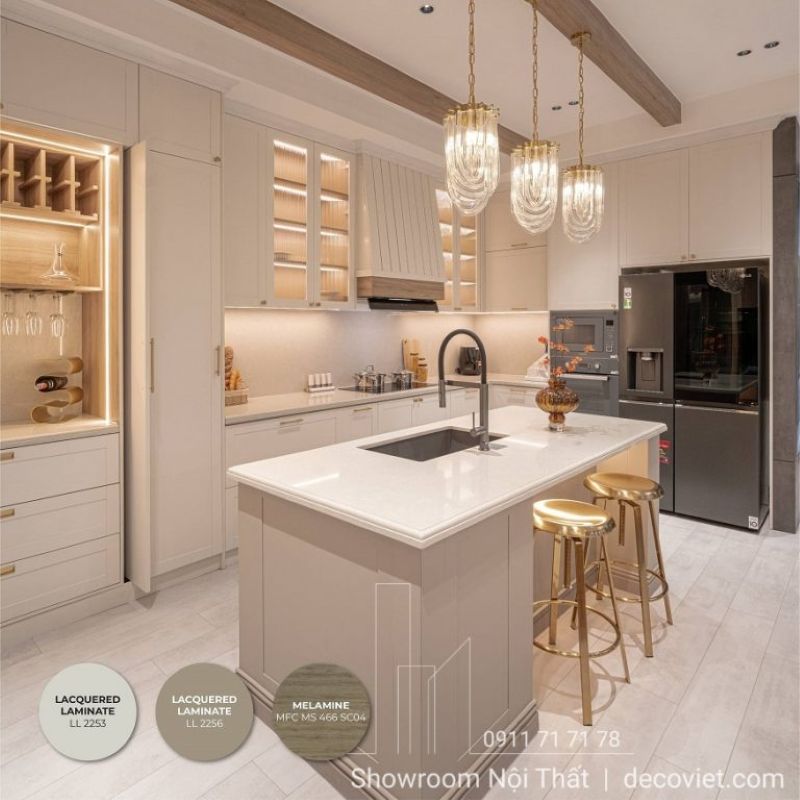 Thiết kế tủ bếp sang trọng với chất liệu gỗ mfc phủ melamine chống trầy