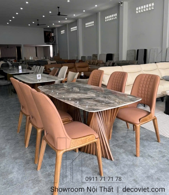 bàn ăn mặt đá 6 ghế chân gỗ