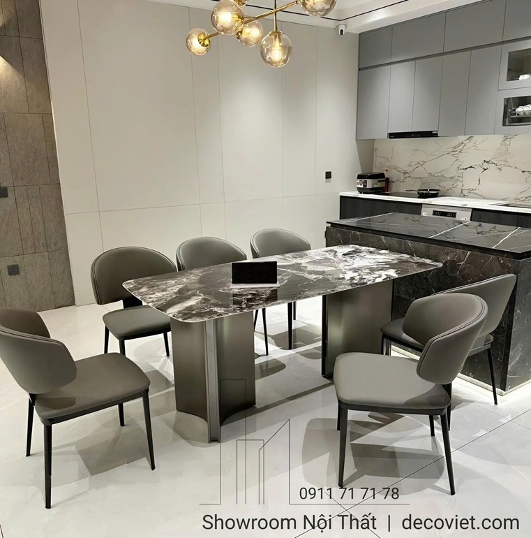 Mẫu bàn ăn 6 ghế mặt đá nhập khẩu, thiết kế tinh tế và bền đẹp.