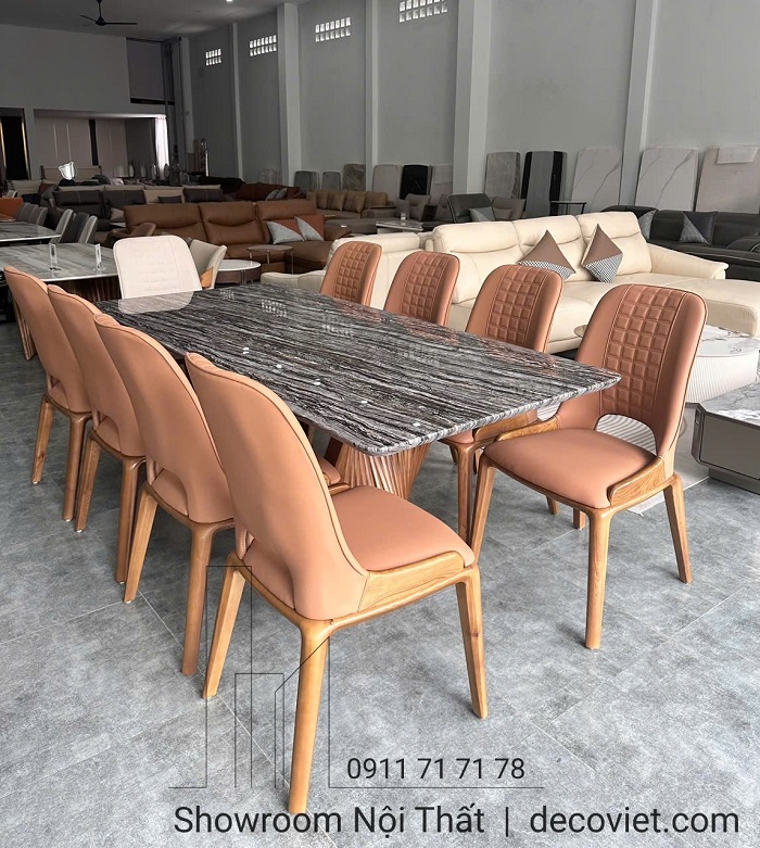 bàn ăn 8 ghế mặt đá chân gỗ