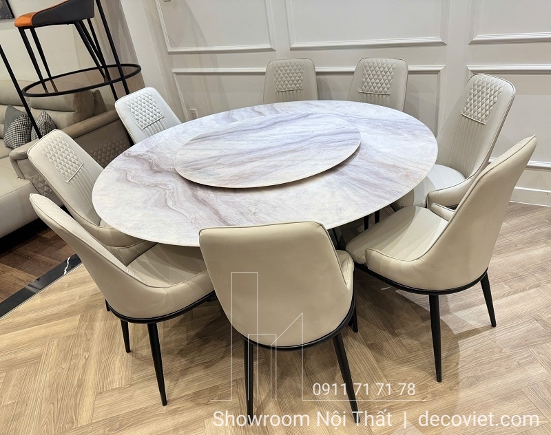 bàn ăn tròn xoay mặt đá 8 ghế 1m6