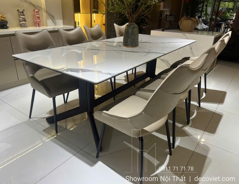 Bàn ăn chân sắt mặt đá 8 ghế cao cấp