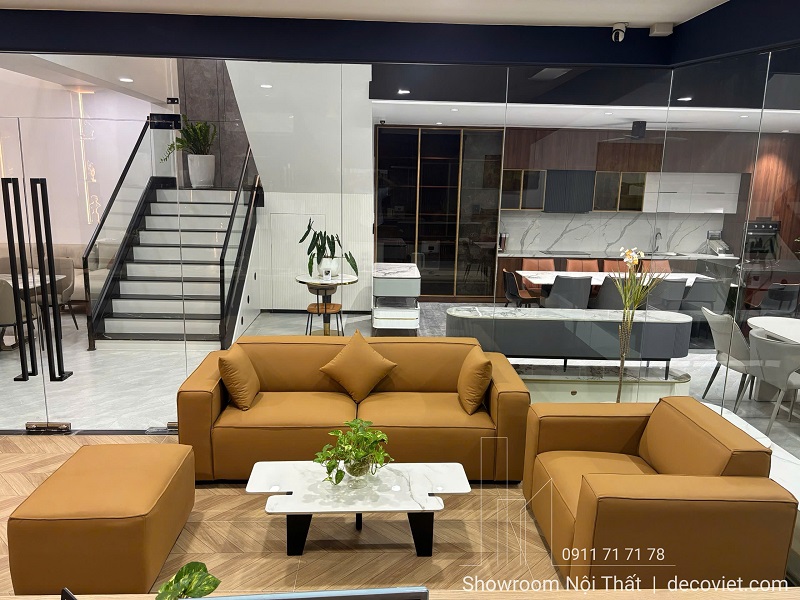Sofa da hiện đại màu nâu sang trọng cho phòng khách chung cư