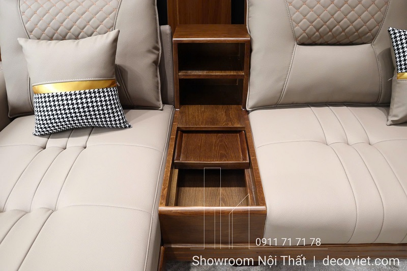 Sofa gỗ chữ L hiện đại có bàn để đồ tiện lợi