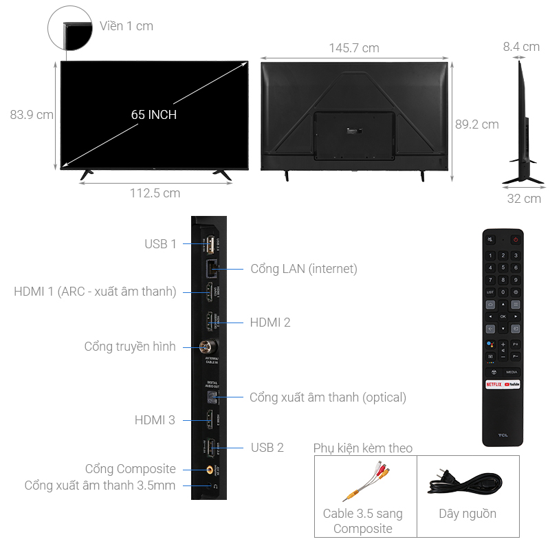 Android Tivi TCL 4K 65 inch (65P618) Utra HD, Mới 2025