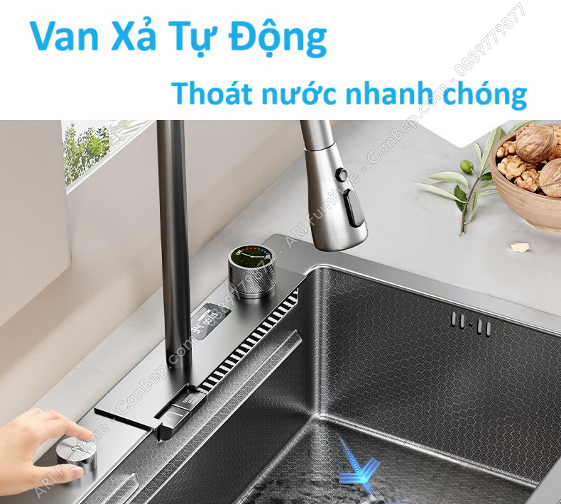 Chậu Rửa Chén 75x46cm Vòi Nhiệt Độ + Vắt Dao Dày 3.0mm - inox 304 Nano Đen