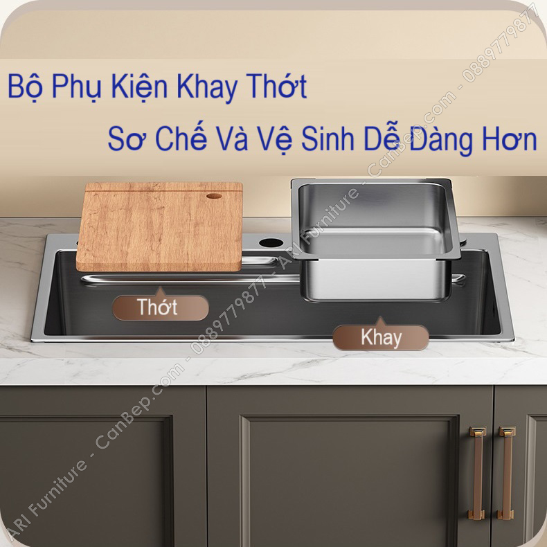 Chậu Rửa Chén 78x46cm Khay Thớt Dày 3.0mm - inox 201 Nano Đen