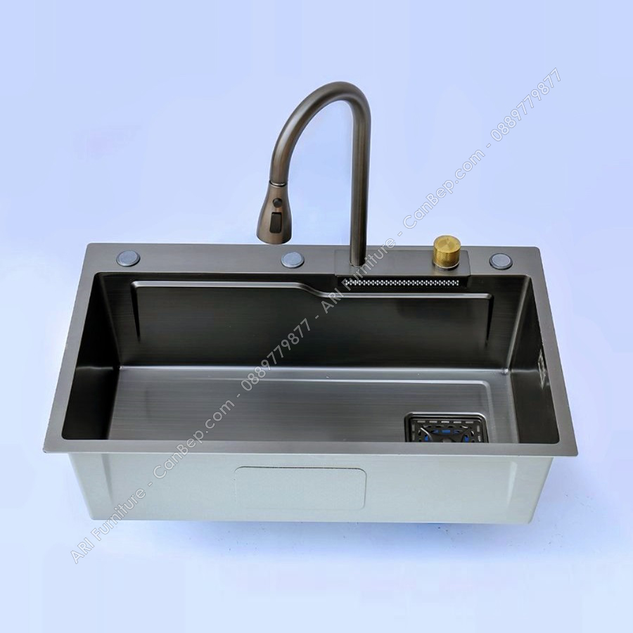 Chậu Rửa Chén 78x46cm Vòi Thác Dày 3.0mm - inox 201 Nano Đen