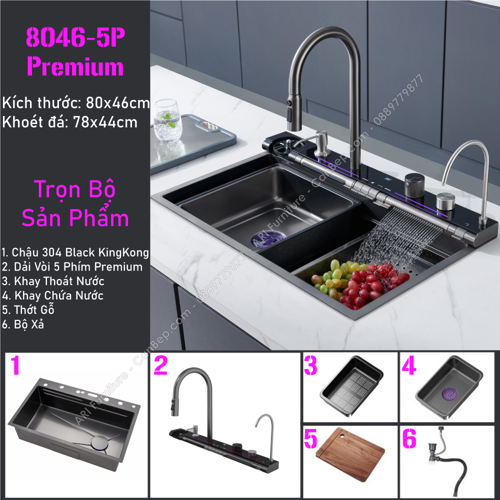 Chậu Rửa Chén 80x46cm 5 Phím PREMIUM Dày 3.0mm - inox 304 Nano Đen