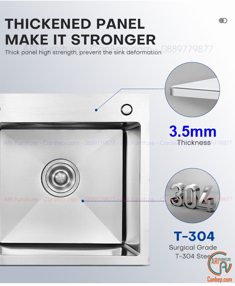 Chậu Rửa Chén 83x50cm Vắt Dao Thớt Dày 3.5mm - inox 304