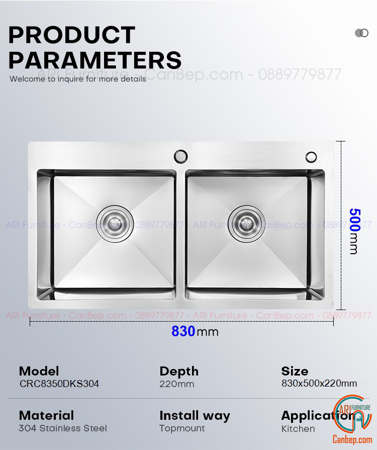 Chậu Rửa Chén 83x50cm Dày 2.2mm - inox 304