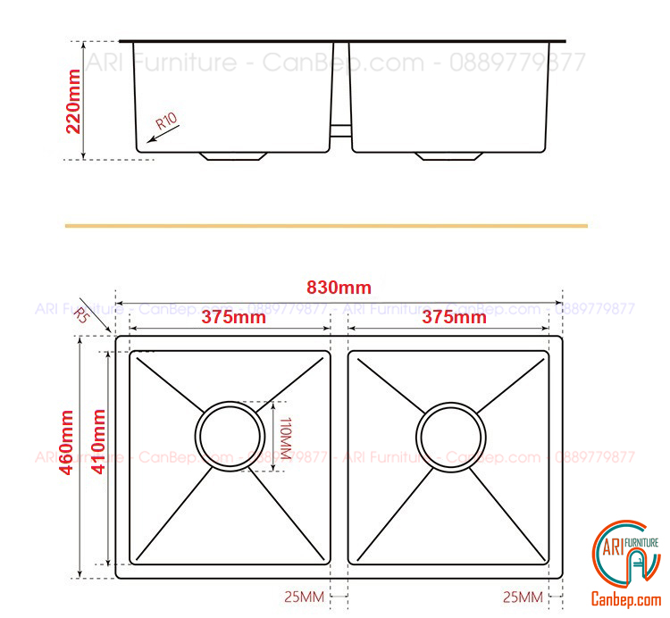 Chậu Rửa Chén 83x46cm Dày 3.0mm - inox 304