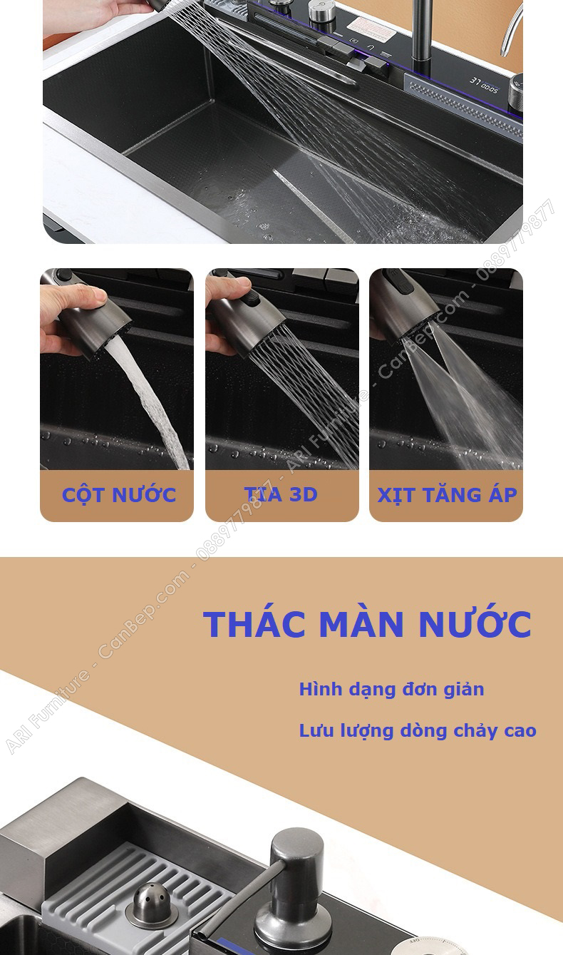 Chậu Rửa Chén 80x46cm 5 Phím Dày 3.0mm - inox 304 Nano Đen