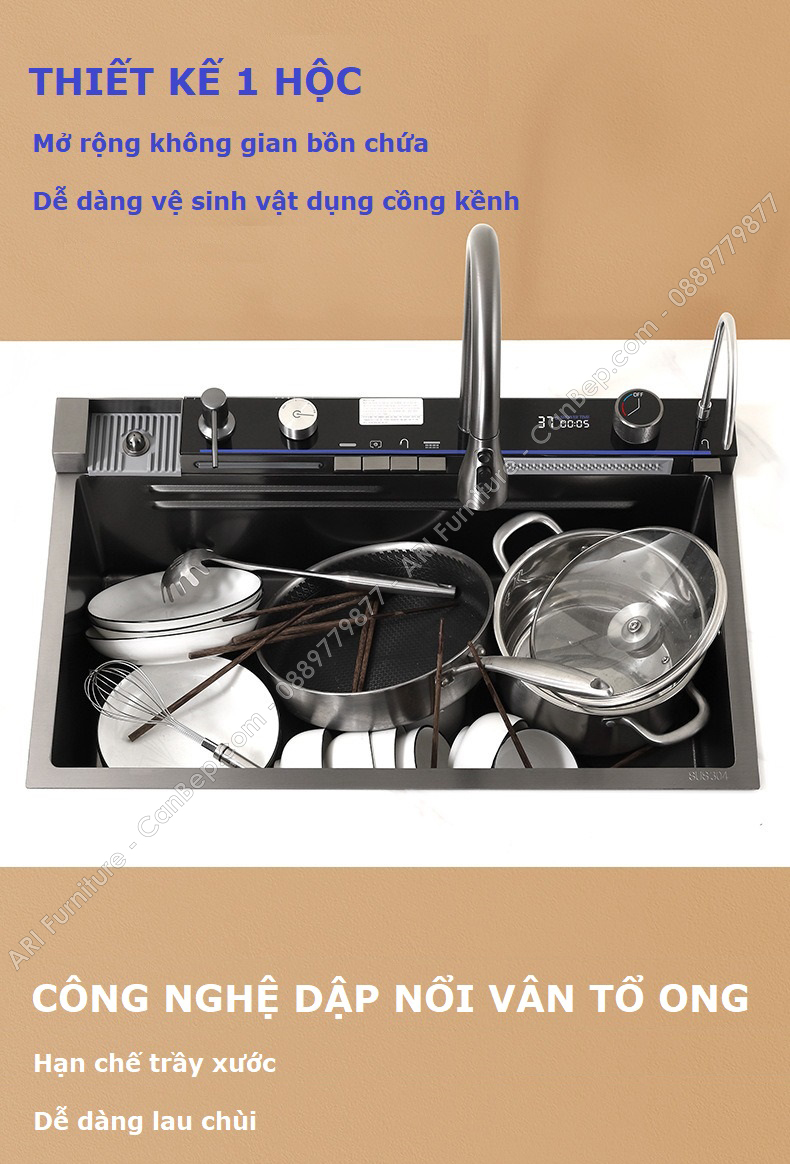 Chậu Rửa Chén 75x46cm 5 Phím Dày 3.0mm - inox 304 Nano Đen