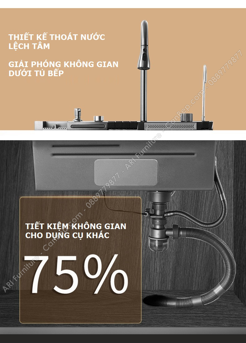 Chậu Rửa Chén 75x46cm 5 Phím Dày 3.0mm - inox 304 Nano Đen