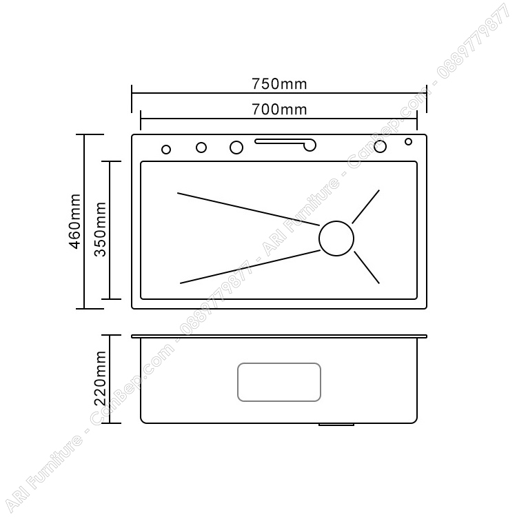 Chậu Rửa Chén 75x46cm 5 Phím PREMIUM Dày 3.0mm - inox 304 Nano Đen