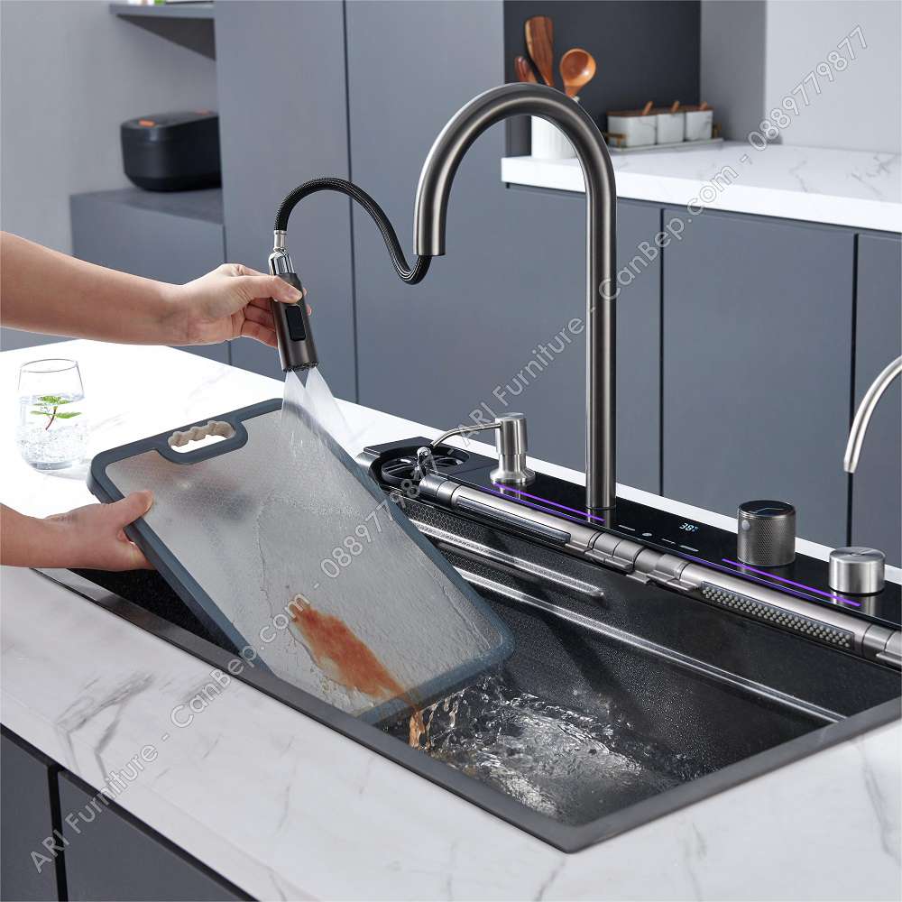 Chậu Rửa Chén 75x46cm 5 Phím PREMIUM Dày 3.0mm - inox 304 Nano Đen