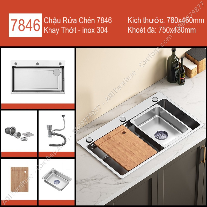 Chậu Rửa Chén 78x46cm Khay Thớt Dày 4.0mm - inox 304