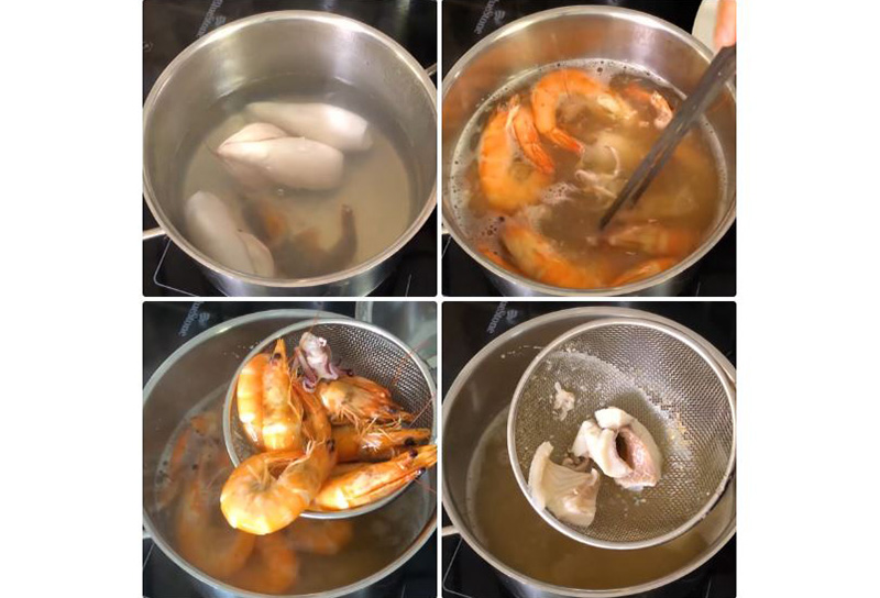 Luộc tôm, mực, cá