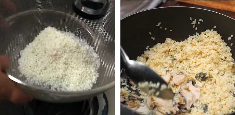 Sau khi vo gạo, bạn bắt đầu xào các nguyên liệu với gạo