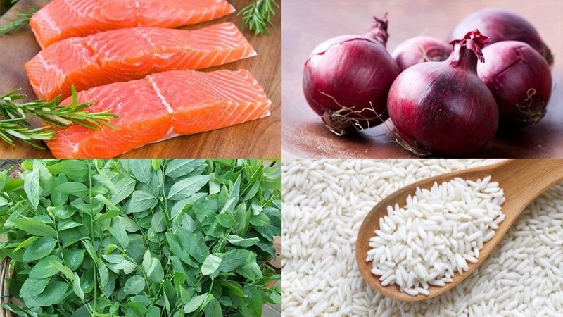 1: Nguyên liệu cần cho món cháo cá hồi nấu với rau ngót