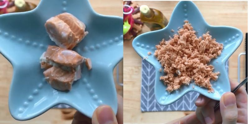 6: Nghiền thật kỹ thịt cá hồi nhé