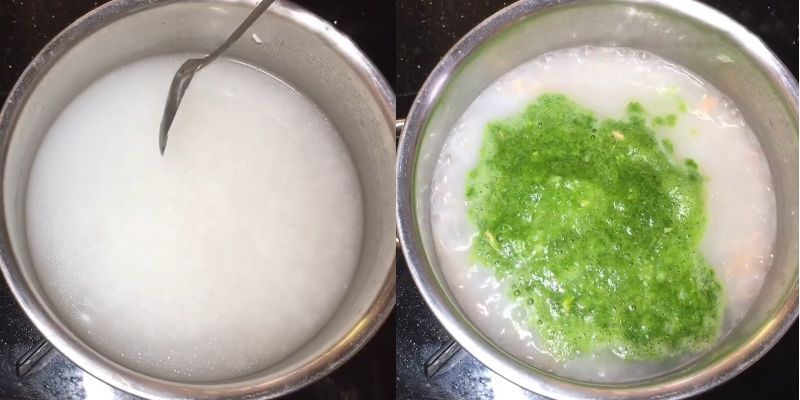 9: Khi thấy gạo cháo nở bung thì bắt đầu thêm các nguyên liệu vào nồi