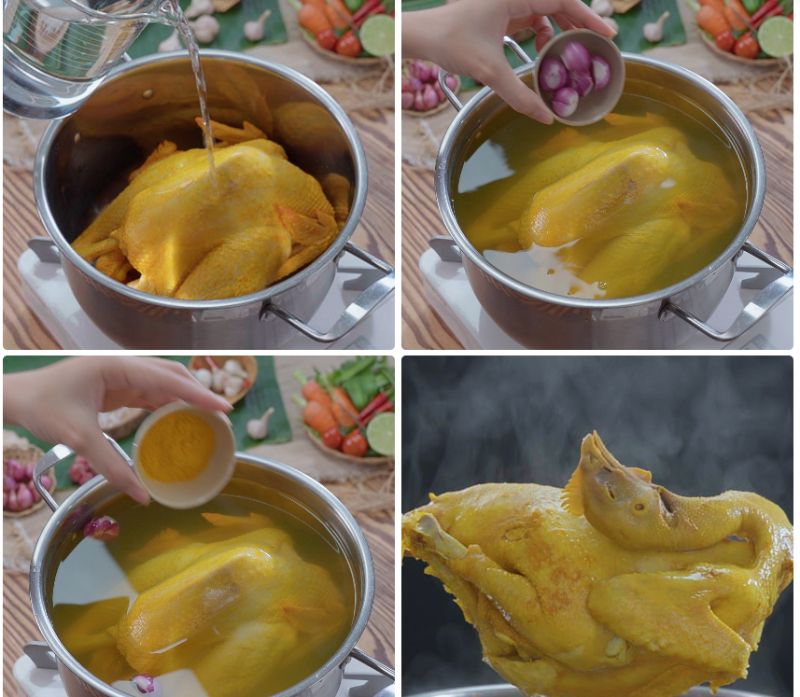 Ảnh 2: Thêm một chút bột nghệ khi luộc gà để gà có màu đẹp hơn nhé