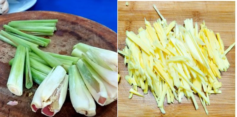 5: Sả đập dập, cắt khúc, gừng thái dạng sợi