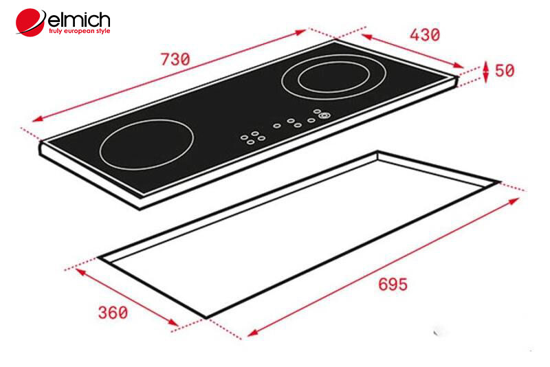 Hình 2: Kích thước bếp từ đôi âm đa dạng, kích thước mặt khoét đá cách ít nhất 5cm