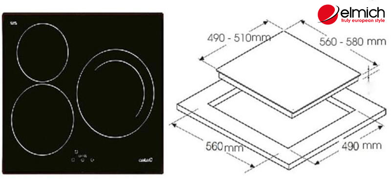 Hình 3: Kích thước của bếp từ âm có 3 vùng nấu cùng kích thước mặt khoét đá