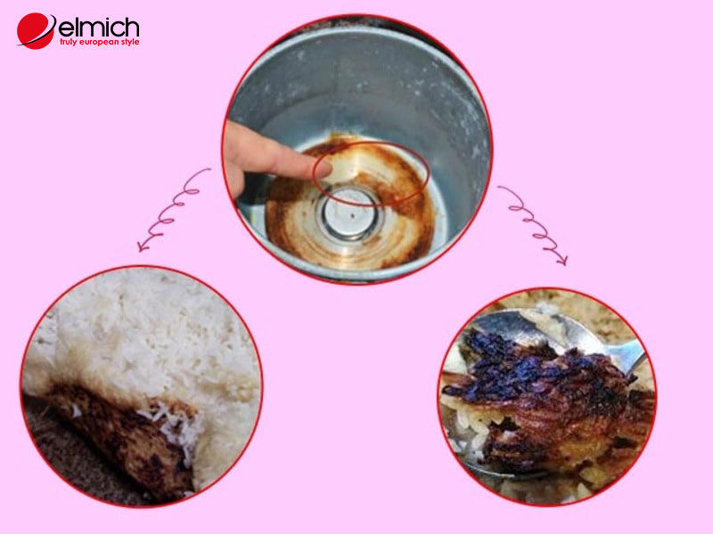 Hình 3: Đáy nồi và rơ le bị bám bẩn lâu ngày hoặc rơ le bị hỏng khiến cơm phần đáy nồi bị cháy