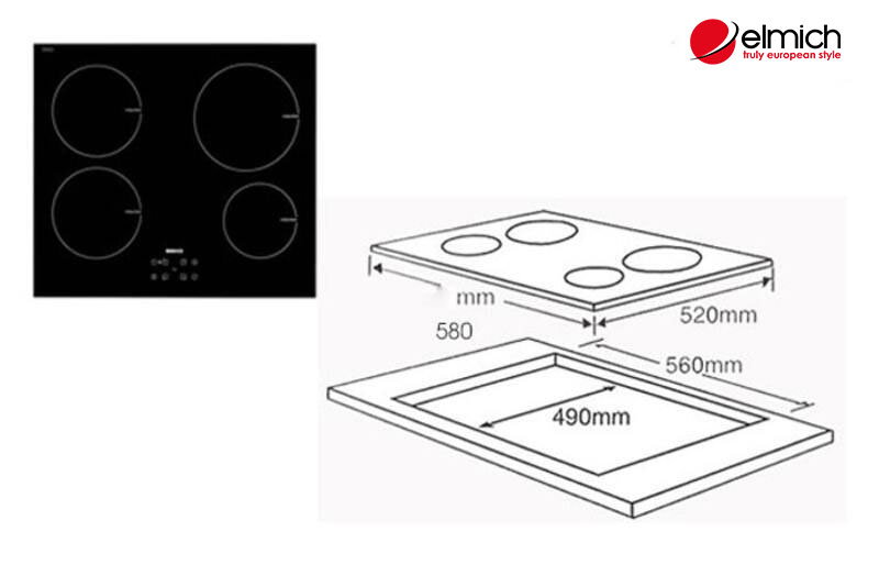 Hình 4: Kích thước của bếp từ âm có 4 vùng nấu và kích thước mặt khoét đá tương ứng