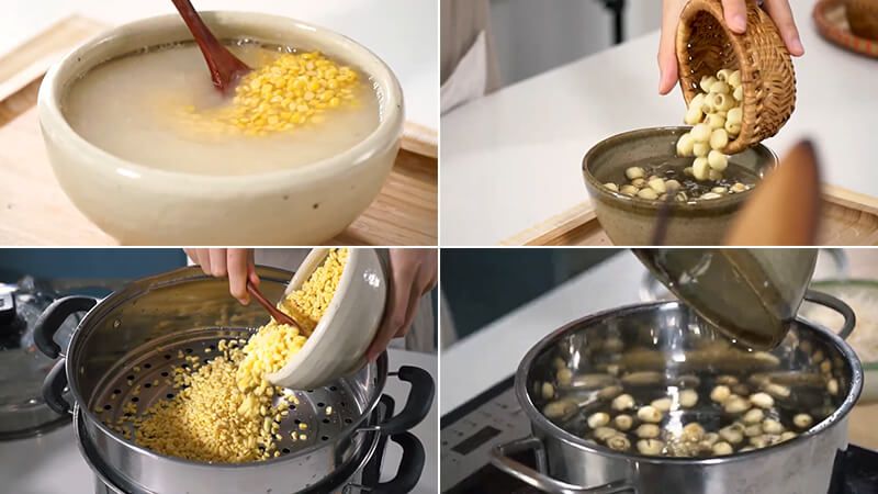 Ảnh 3: Ngâm hạt sen và đậu xanh trong nước muối sau đó hấp chín