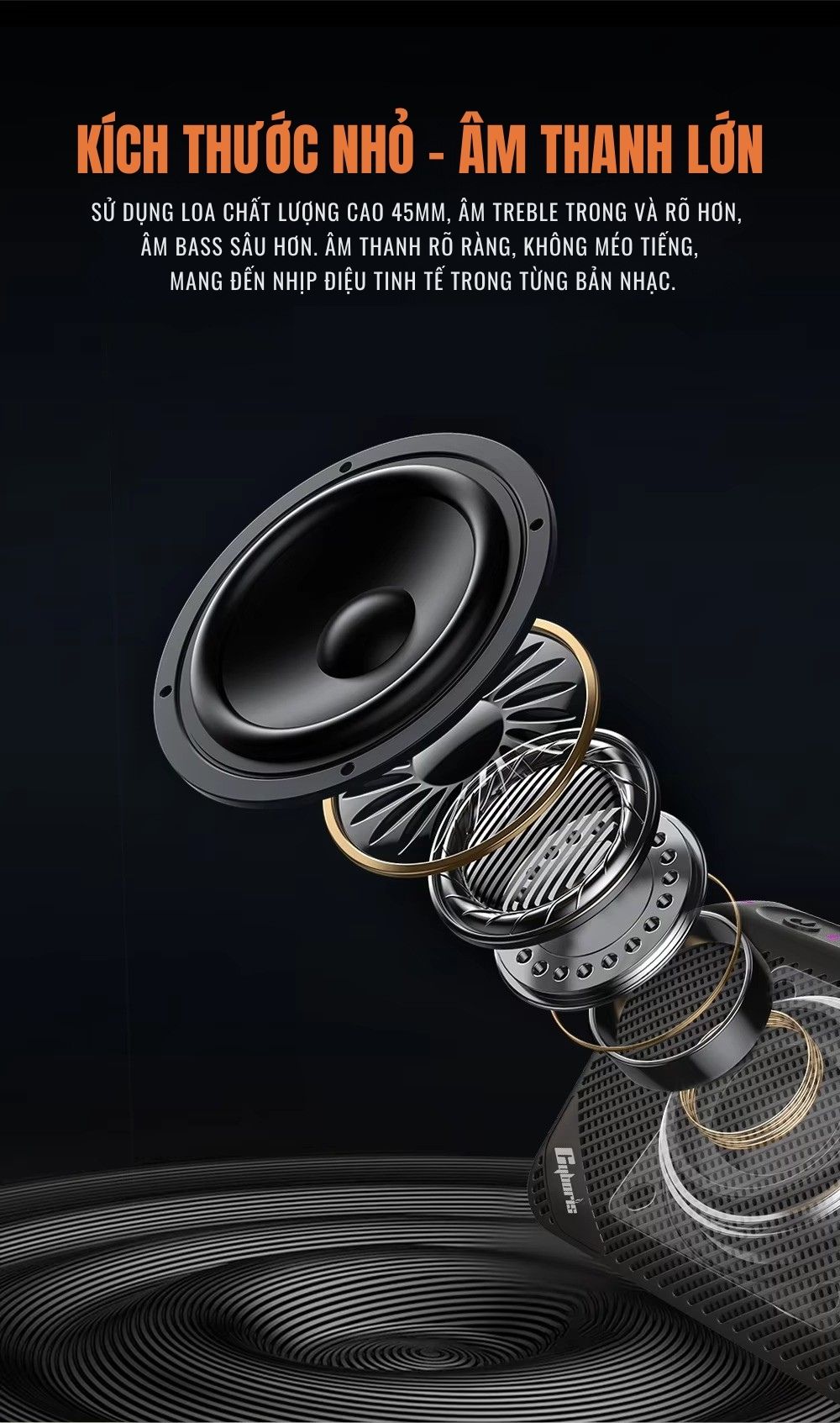 Loa 45mm chất lượng cao cho trải nghiệm âm thanh đầy uy lực.