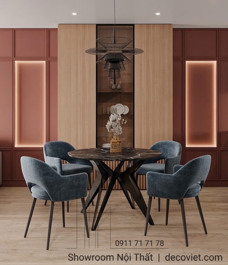 bàn ăn tròn 4 ghế chân bàn cách điệu tinh tế, phù hợp gia đình nhỏ