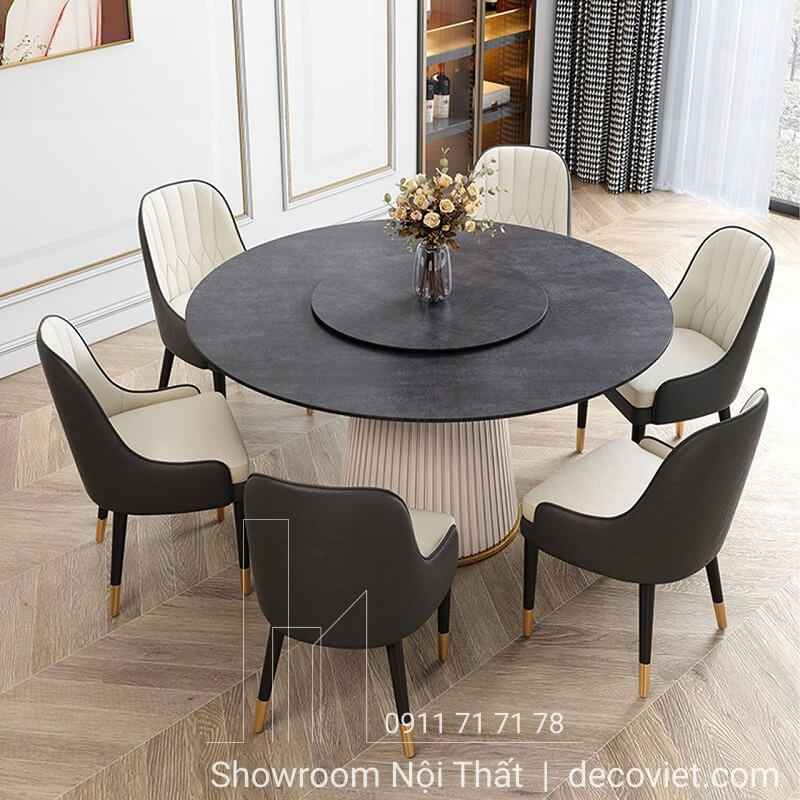 bàn ăn tròn 6 ghế mặt đá cho không gian vừa