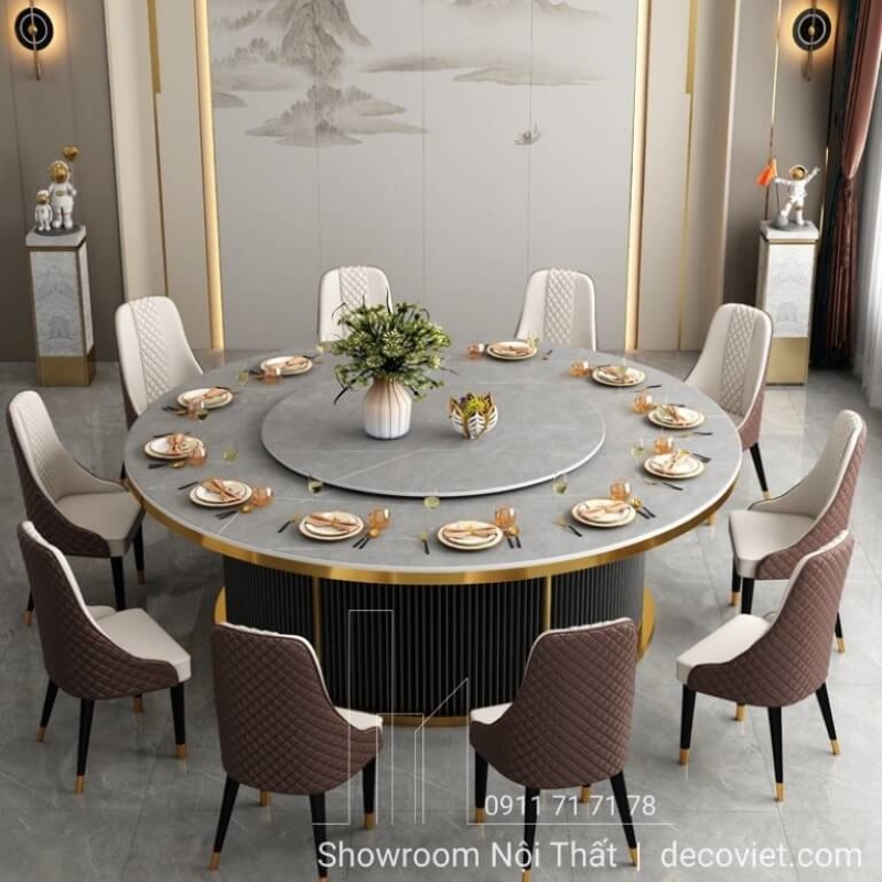 bàn ăn 16 ghế chân trụ gỗ mặt đá dành cho gia đình đông người