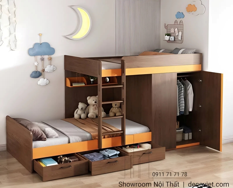 Giường tầng thấp dành cho các bé nhỏ tích hợp tủ đồ