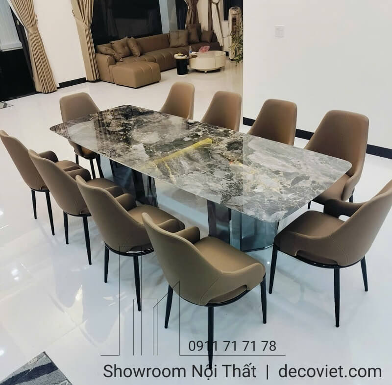bộ bàn ghế mặt đá 10 ghế thiết kế gam màu nâu ấm áp
