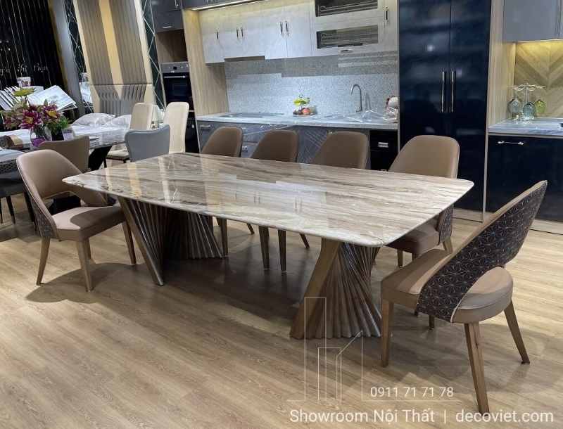 bàn gỗ chân trụ xoắn hiện đại, gam màu ấm áp