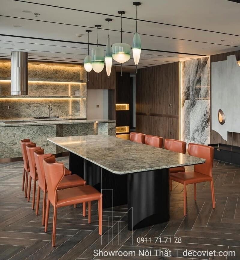 bàn mặt đá thiét kế chân trụ vững chãi cùng ghế gam màu cam nổi bật