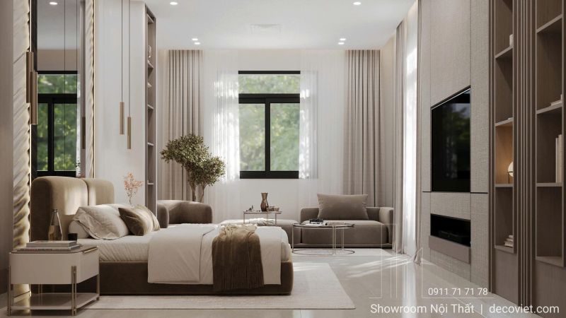 Phòng nhgur tiện nghi kết hợp với không gian ngồi đọc sách thư giãn, đón trọn ánh nắng vào phòng