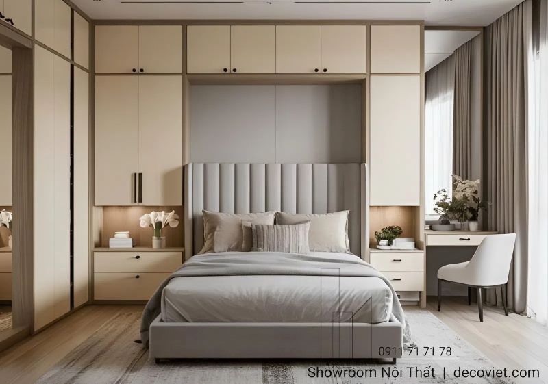 Phòng ngủ master được thiết kế gam màu xám be nhã nhặng
